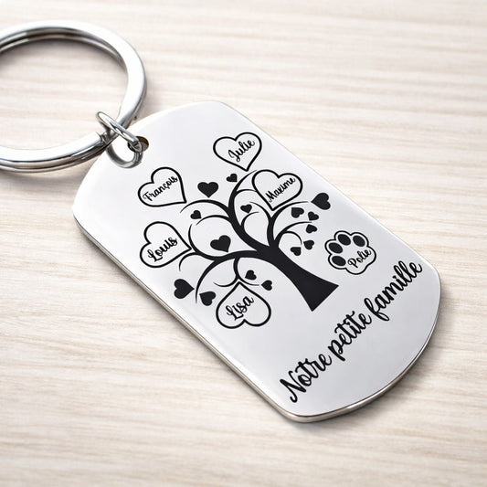 Porte-clé personnalisé arbre de famille gravé en inox miroir avec prénoms et empreinte patte