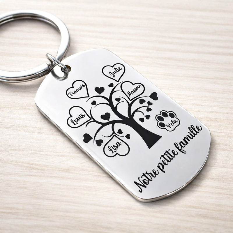 Porte-clé personnalisé arbre de famille gravé en inox miroir avec prénoms et empreinte patte