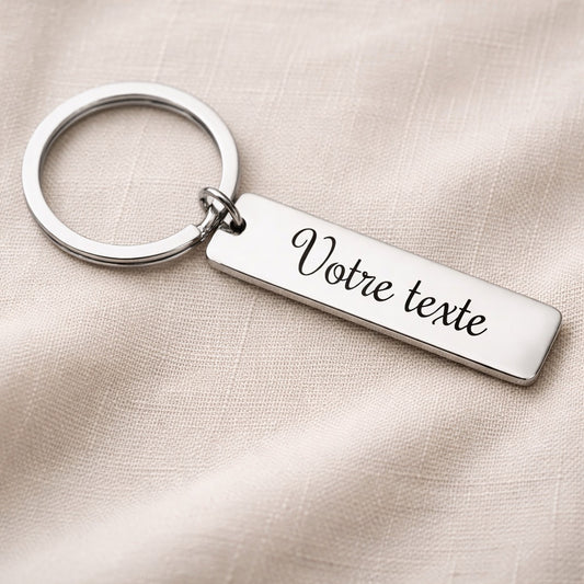 Porte-clé barre personnalisé avec texte gravé en inox miroir – cadeau personnalisé