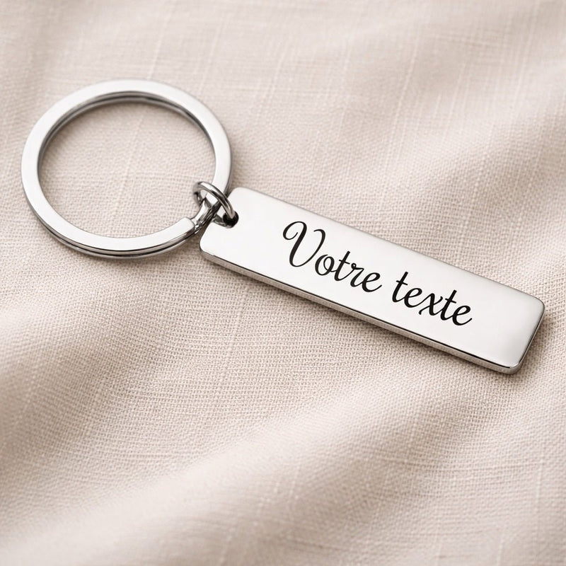 Porte-clé barre personnalisé avec texte gravé en inox miroir – cadeau personnalisé