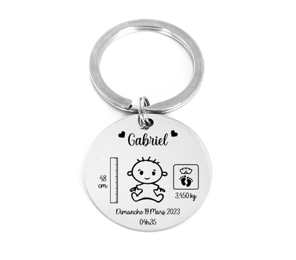 Porte-clé naissance personnalisé bébé, cadeau maternité maman nom date poids heure faire part de naissance