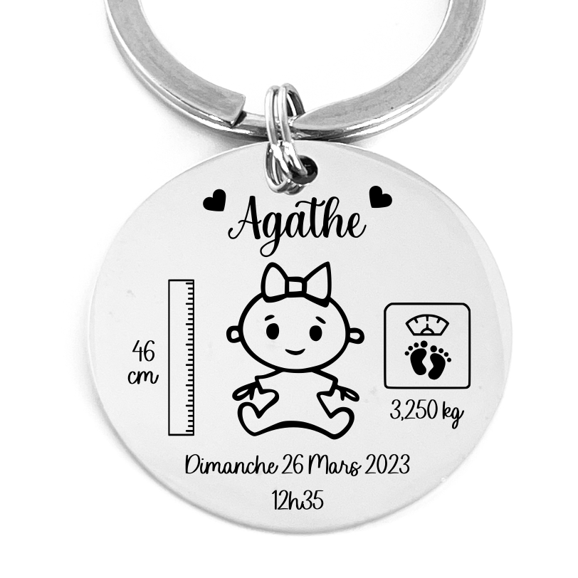 Porte-clé naissance personnalisé bébé, cadeau maternité maman nom date poids heure faire part de naissance