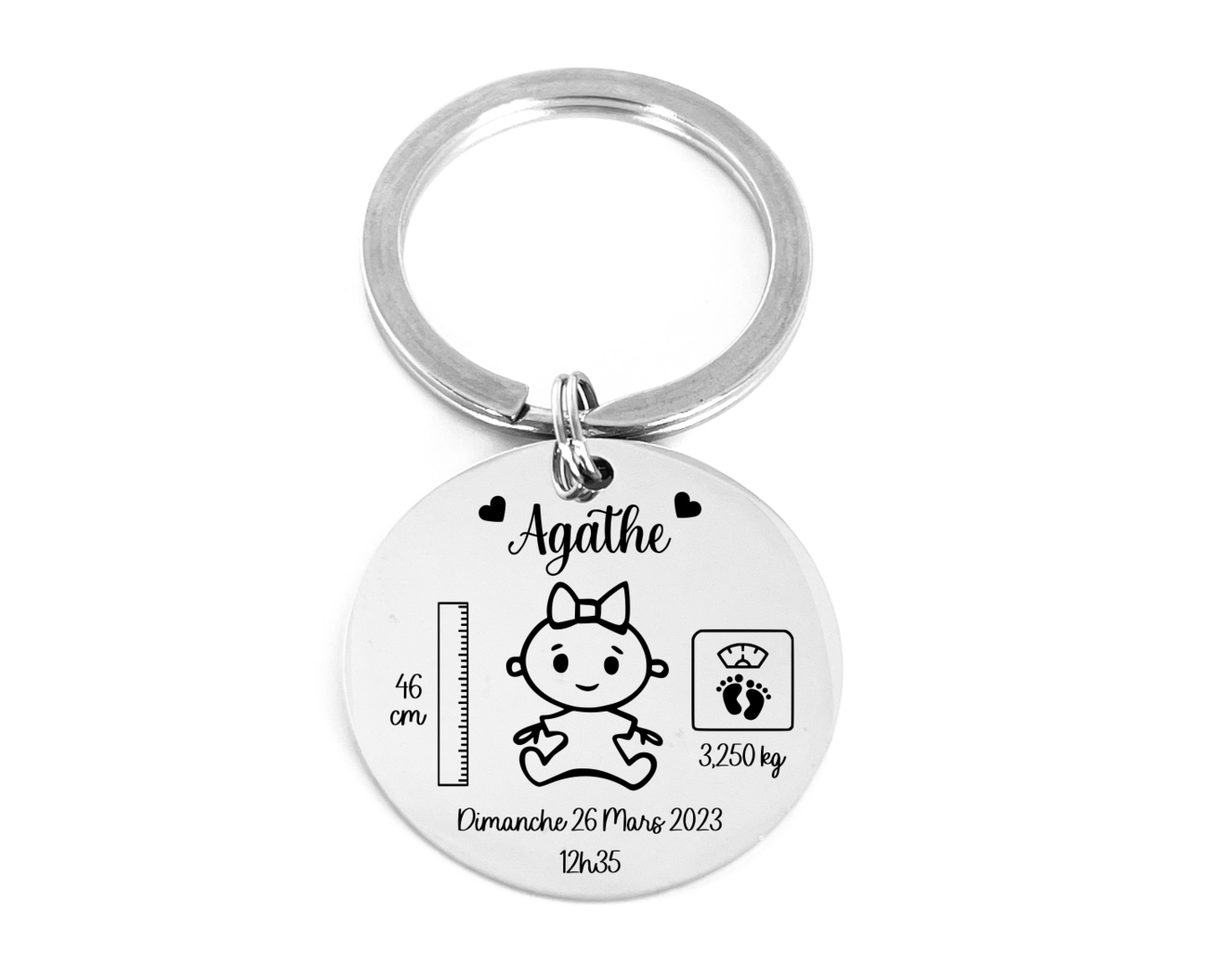 Porte-clé naissance personnalisé bébé, cadeau maternité maman nom date poids heure faire part de naissance