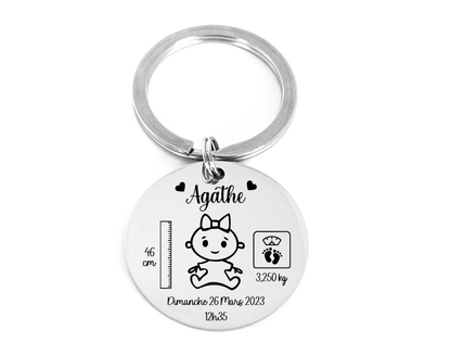 Porte-clé naissance personnalisé bébé, cadeau maternité maman nom date poids heure faire part de naissance