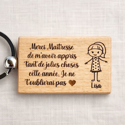 Porte-clé personnalisé Merci Maîtresse gravé en bois – Cadeau fin d'année école enfants original
