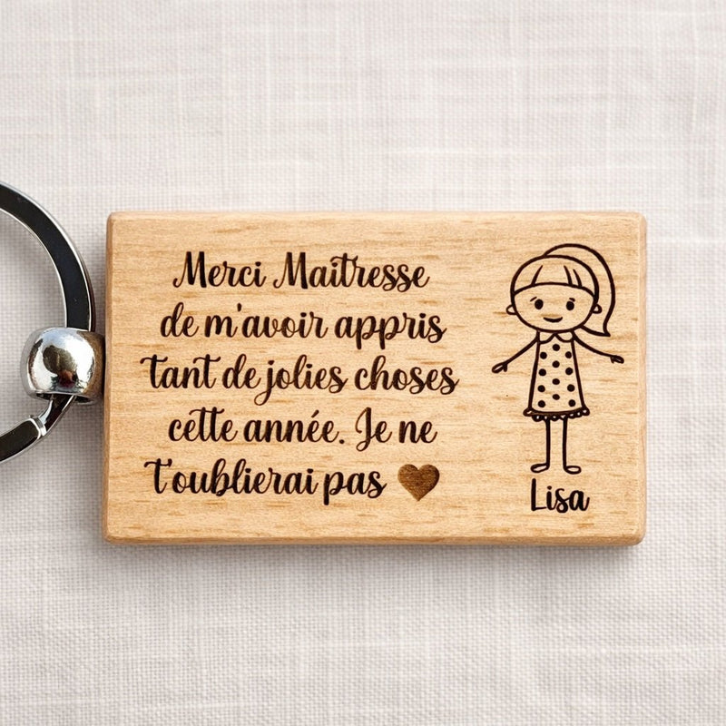 Porte-clé personnalisé Merci Maîtresse gravé en bois – Cadeau fin d'année école enfants original