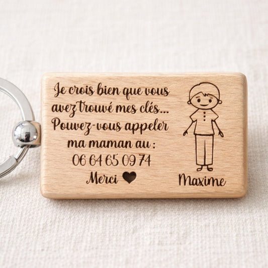 Porte-clé enfant personnalisé en bois avec numéro de téléphone gravé pour retrouver les clés