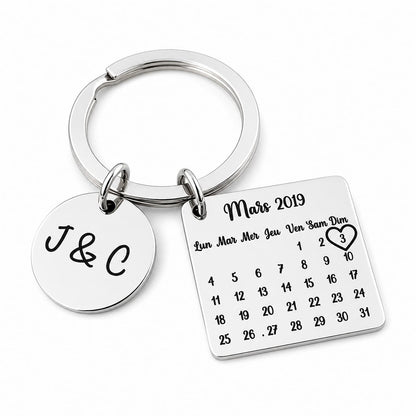 Porte-clé calendrier personnalisé en acier inoxydable avec date gravée et initiales