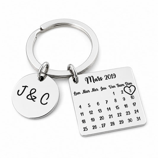 Porte-clé calendrier personnalisé en acier inoxydable avec date gravée et initiales