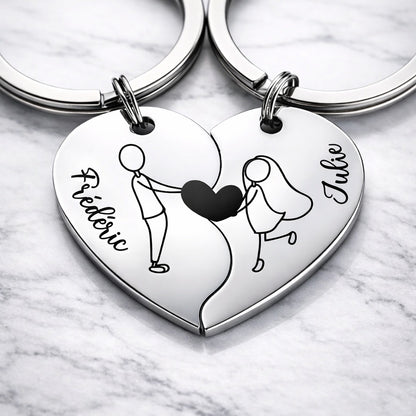Porte-clé couple cœur personnalisé en inox miroir avec prénoms gravés