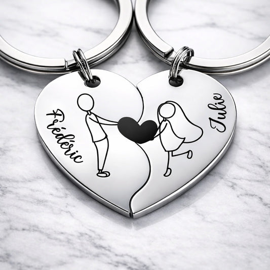 Porte-clé couple cœur personnalisé en inox miroir avec prénoms gravés