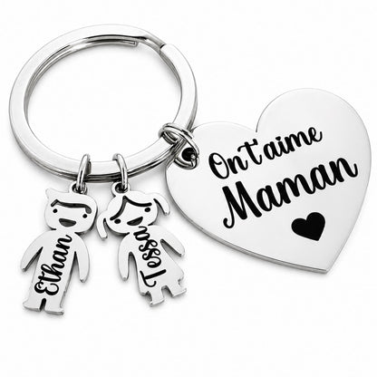 Porte-clé cœur personnalisé On t’aime Maman en inox avec prénoms enfants gravés