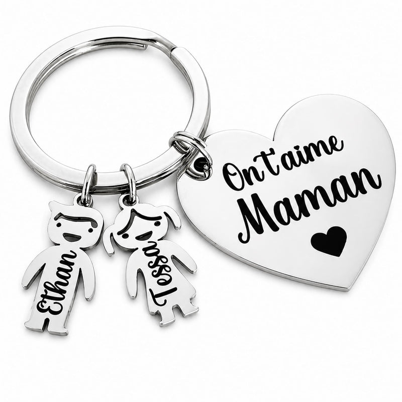 Porte-clé cœur personnalisé On t’aime Maman en inox avec prénoms enfants gravés