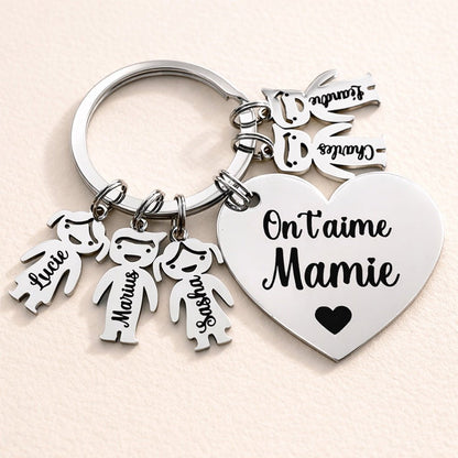 Porte-clé cœur personnalisé avec breloques enfants gravé – Cadeau fête des grands-mères original
