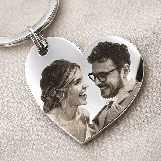 Personalisierter Herz-Foto-Schlüsselanhänger aus graviertem Spiegel-Edelstahl