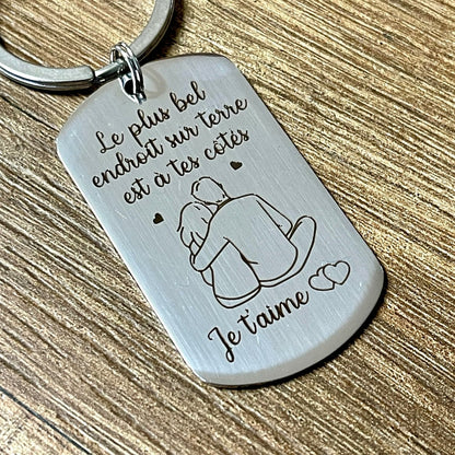 Porte-Clés en Inox Argenté Gravé "Le Plus Bel Endroit sur Terre", cadeau couple