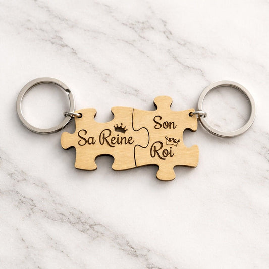 porte clé couple puzzle en bois gravé sa reine son roi idée cadeau couple personnalisée
