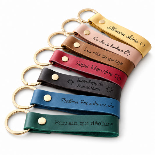 Porte-clé cuir personnalisé gravé avec prénom, plusieurs couleurs disponibles, anneau doré