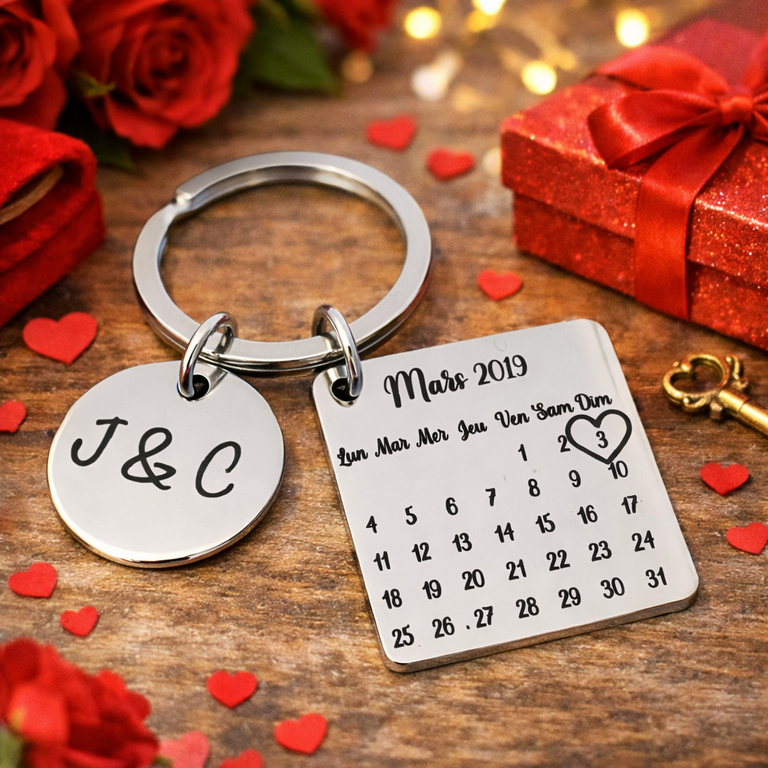 Porte clé personnalisé calendrier et médaille en inox miroir