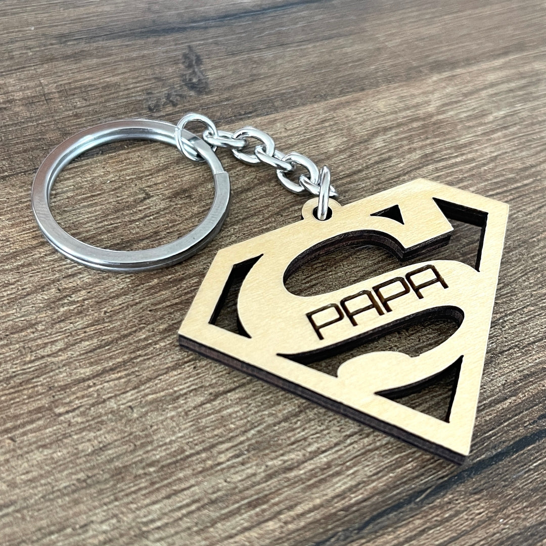Porte clé en bois Super Papa