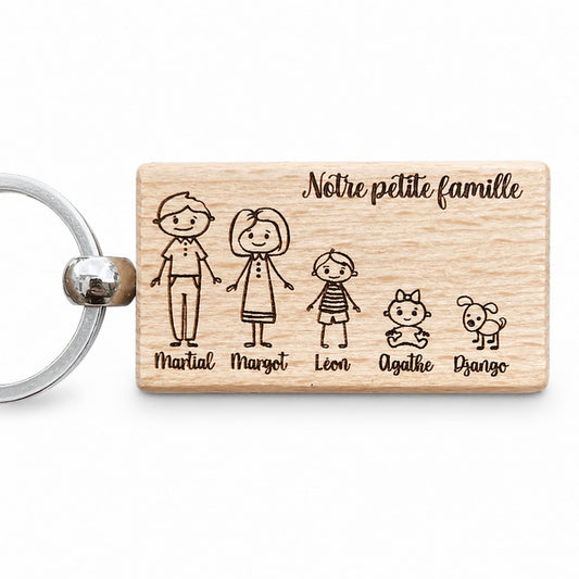 Porte-clé famille personnalisé en bois gravé avec prénoms et personnages dessinés
