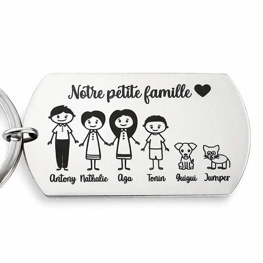 Porte-clé famille personnalisé en acier inoxydable gravé avec personnages et prénoms