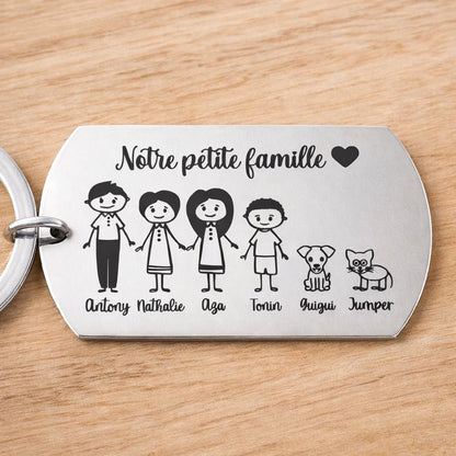 porte clé famille personnalisé gravé avec personnages et prénoms en inox
