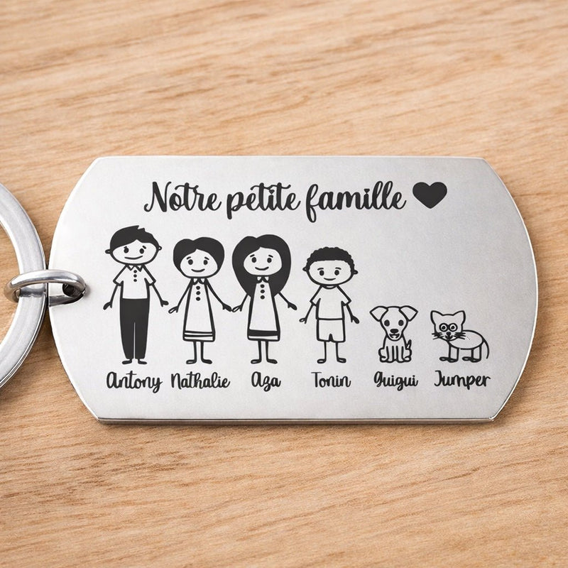 porte clé famille personnalisé gravé avec personnages et prénoms en inox