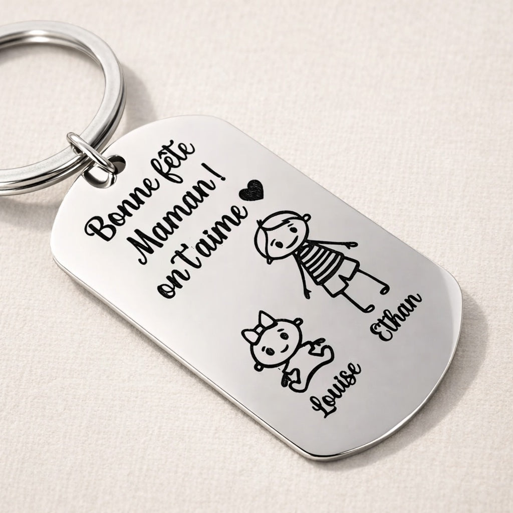 Porte-clé personnalisé fête des mères avec dessin enfants et prénoms gravés en acier inoxydable miroir