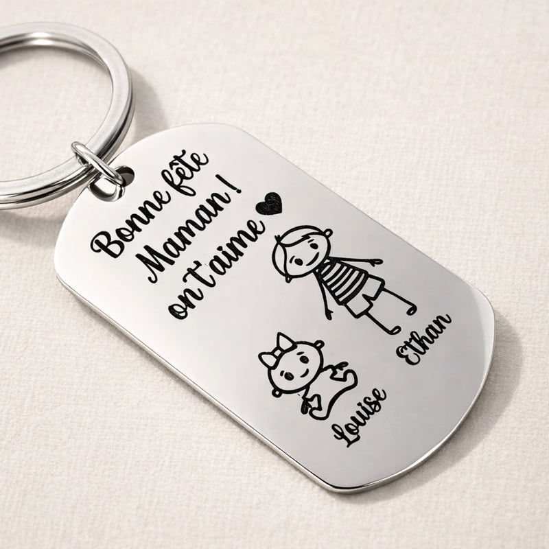 Porte-clé personnalisé fête des mères avec dessin enfants et prénoms gravés en acier inoxydable miroir