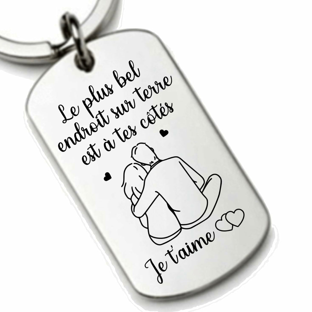 Porte-Clés en Inox Argenté Gravé "Le Plus Bel Endroit sur Terre", cadeau couple