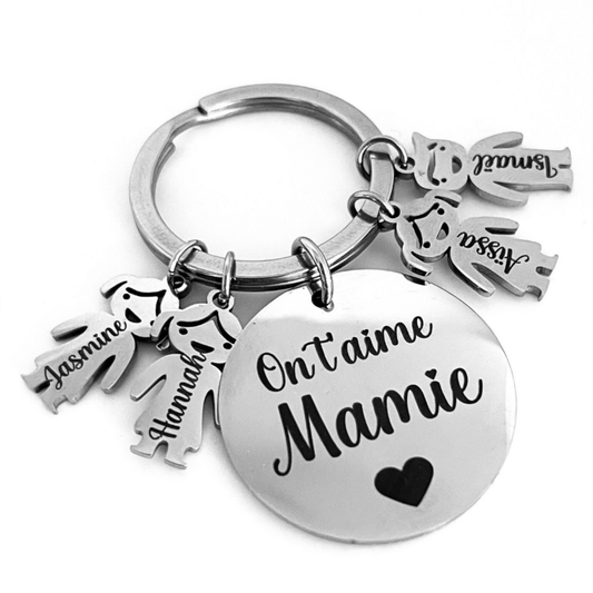 Cadeau Mamie personnalisé fête des grands mères : porte clé avec les petits enfants en inox miroir, bonne fête mamie