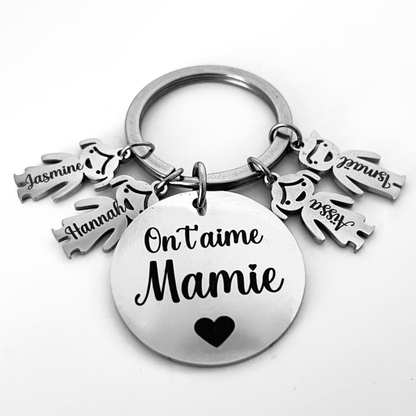 Cadeau Mamie personnalisé fête des grands mères : porte clé avec les petits enfants en inox miroir, bonne fête mamie