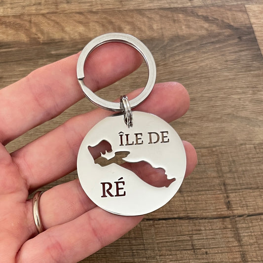 Porte clé île de Ré découpé sur rond en inox