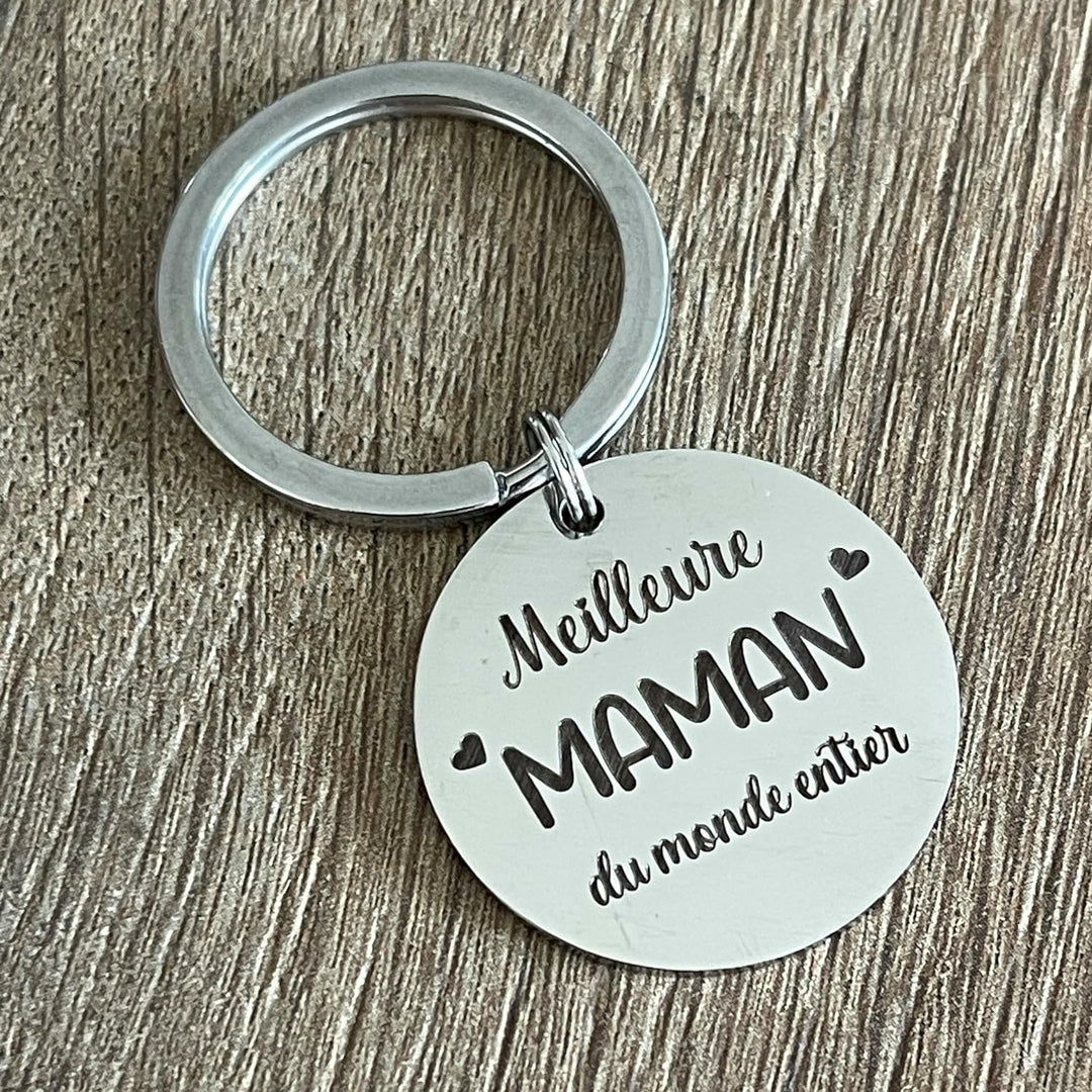 Porte-clé rond en inox miroir gravé "Meilleure MAMAN du monde entier" - Cadeau idéal pour la fête des mères