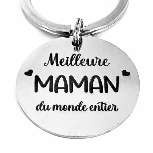 Porte-clé rond en inox miroir gravé "Meilleure MAMAN du monde entier" - Cadeau idéal pour la fête des mères