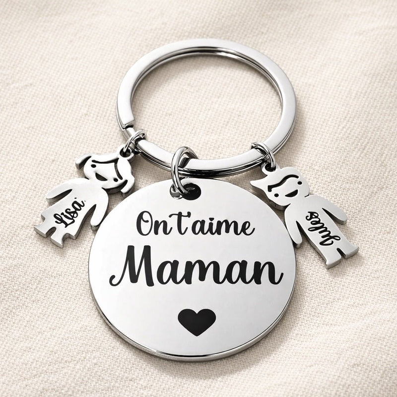Porte-clé maman personnalisé avec prénoms des enfants en acier inoxydable miroir gravé On t'aime Maman