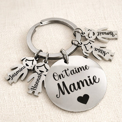 Porte-clé Mamie personnalisé avec breloques enfants gravés en inox – Cadeau fête des grands-mères