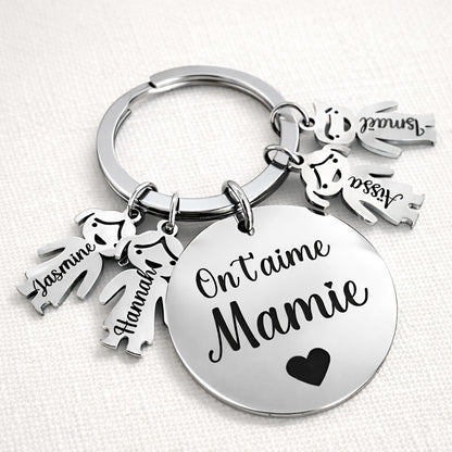 Porte-clé mamie personnalisé avec médaillon On t’aime Mamie et breloques petites filles en acier inoxydable