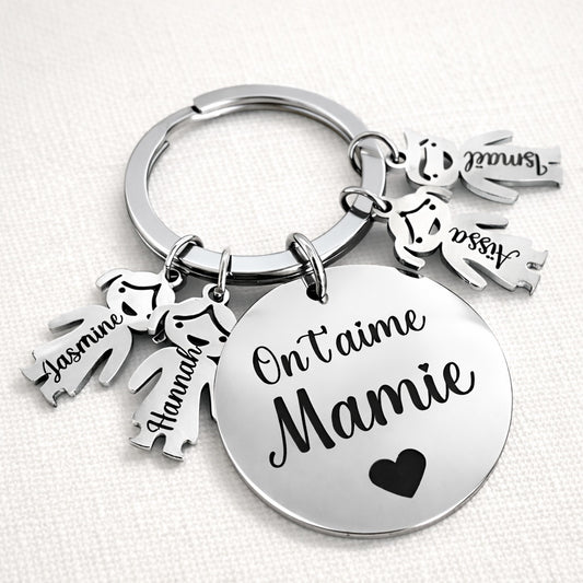Porte-clé mamie personnalisé avec médaillon On t’aime Mamie et breloques petites filles en acier inoxydable