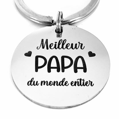 Porte-clé rond en inox miroir gravé "Meilleur PAPA du monde entier" - Cadeau idéal pour la fête des pères