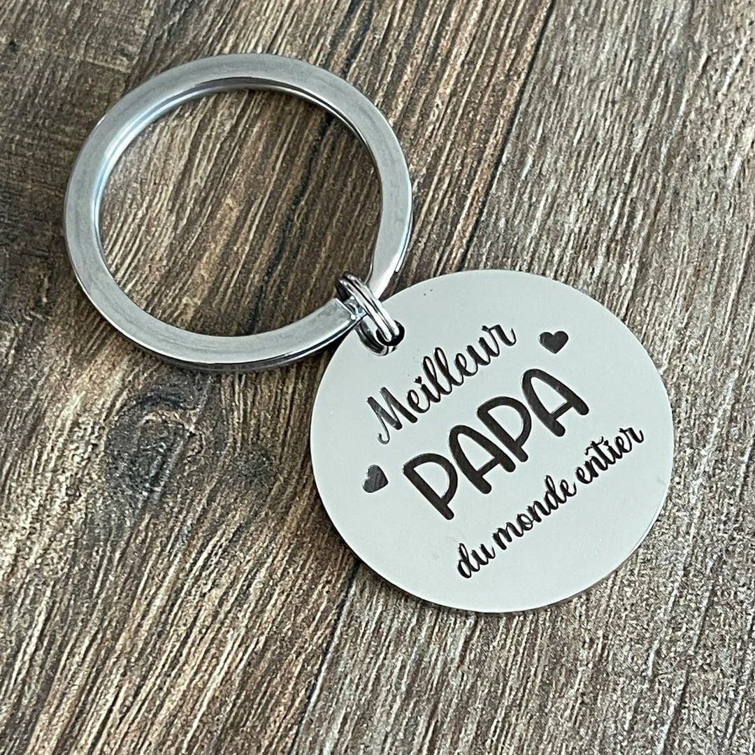 Porte-clé rond en inox miroir gravé "Meilleur PAPA du monde entier" - Cadeau idéal pour la fête des pères