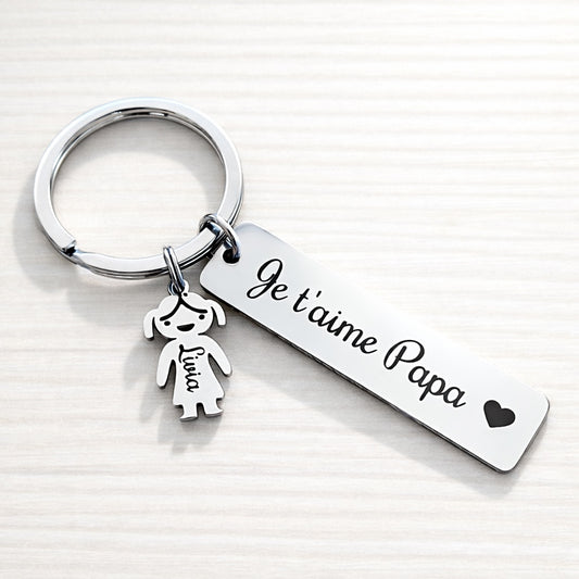 Porte-clé papa personnalisé avec médaille fille Livia en acier inoxydable miroir - Je t’aime Papa