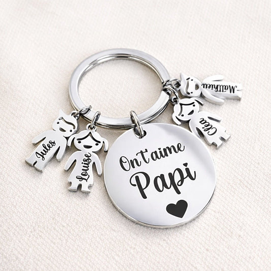 Porte-clés Papi personnalisé avec prénoms gravés sur médailles enfants en acier inoxydable
