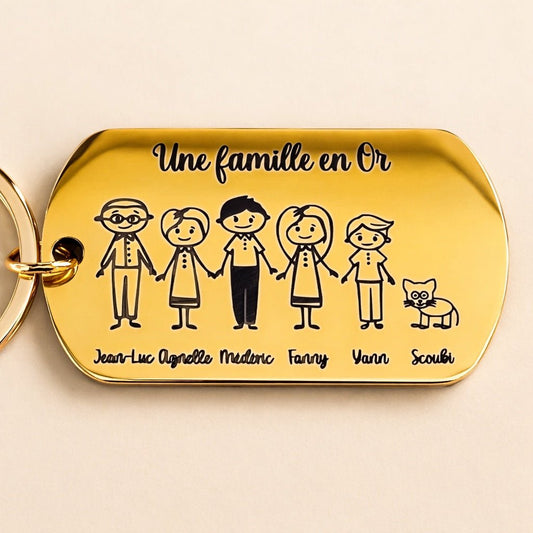 porte clé personnalisé famille avec personnages en inox or jaune