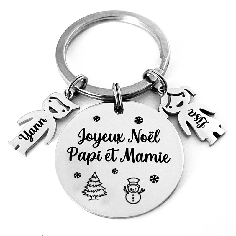 Porte clé personnalisé avec petits enfants en inox miroir idée cadeau grands parents, papi et mamie pour Noël .