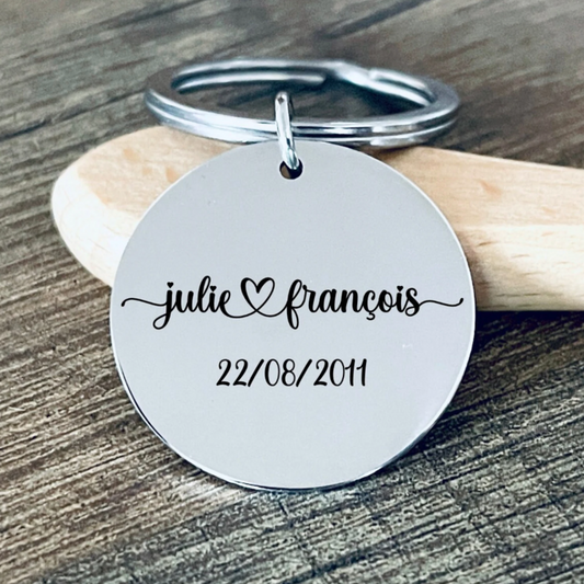 Porte clé personnalisé avec prénoms et date, idée cadeau saint Valentin ou mariage, couple... en inox miroir