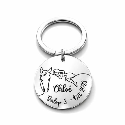 Porte clé personnalisé cheval inox miroir avec prénom et date gravés idée cadeau équitation