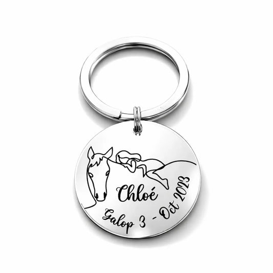 Porte clé personnalisé cheval inox miroir avec prénom et date gravés idée cadeau équitation