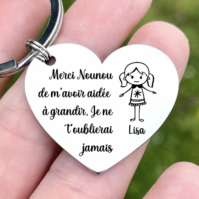 Porte clé personnalisé coeur en inox, cadeau nounou fin d'année, maitresse, maitre, maman, mamie...